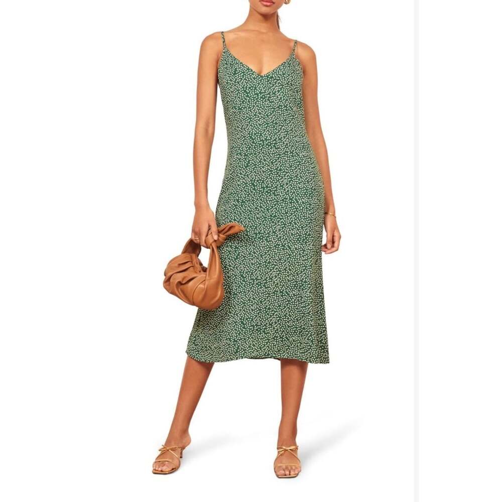 Reformation Alexandra Dress Size 6 Green White Floral Midi Slip Dress EUC